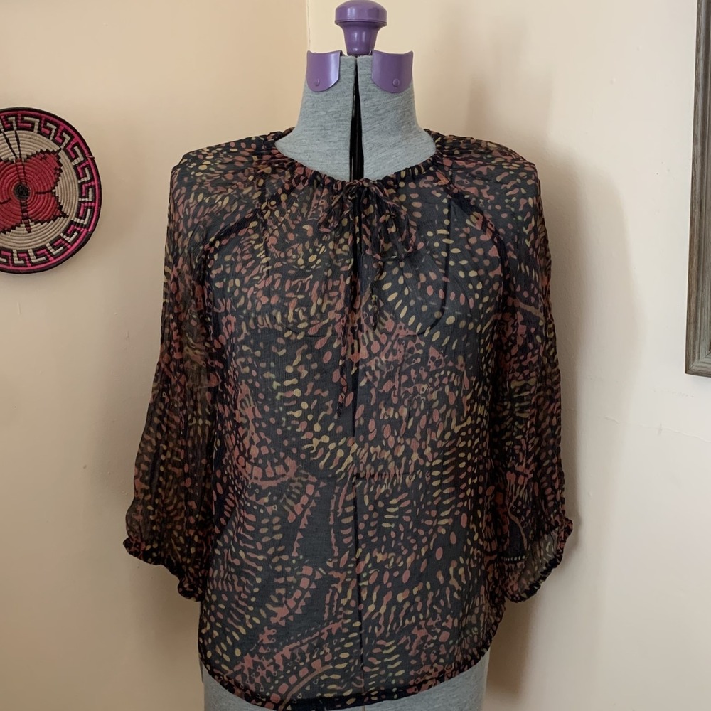 Milly Sheer Silk Chiffon Blouse Abstract Animal Print Tie Neck Top